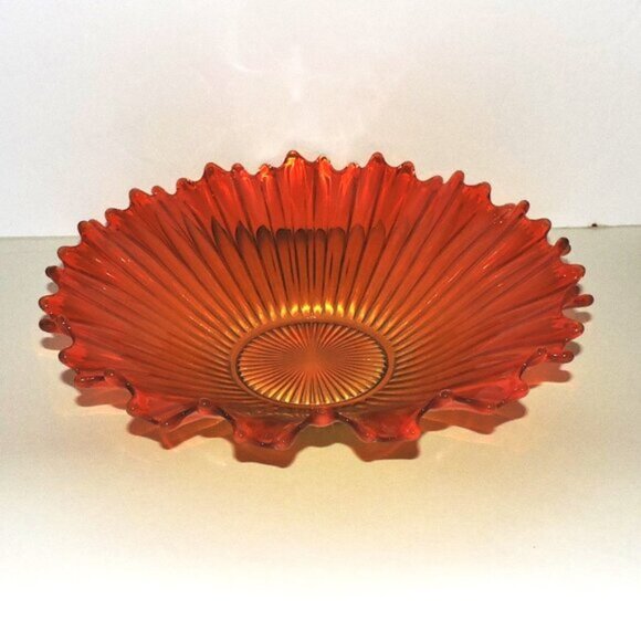 Large Fluted Flared Orange Glass Bowl Home Decor Room Accent Autumn - Picture 1 of 5